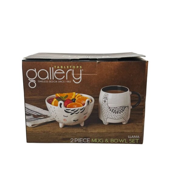 Tabletops Gallery Llama Ceramic 2 Piece Mug & Bowl Set - Picture 1 of 7